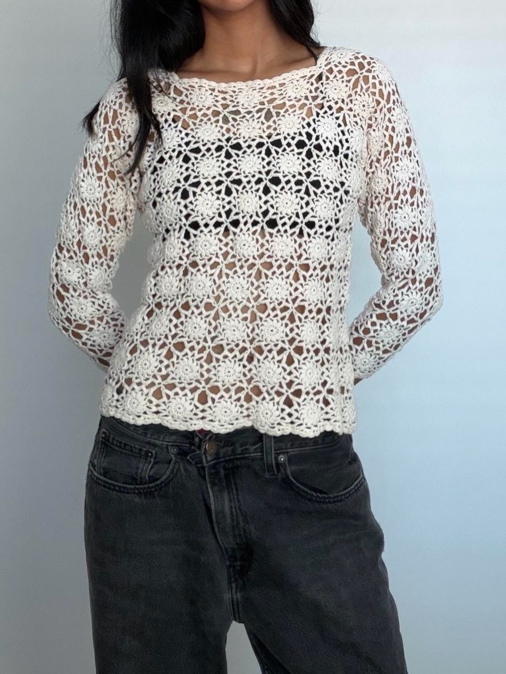 Vintage handmade Crochet Long Sleeve Top - Cream